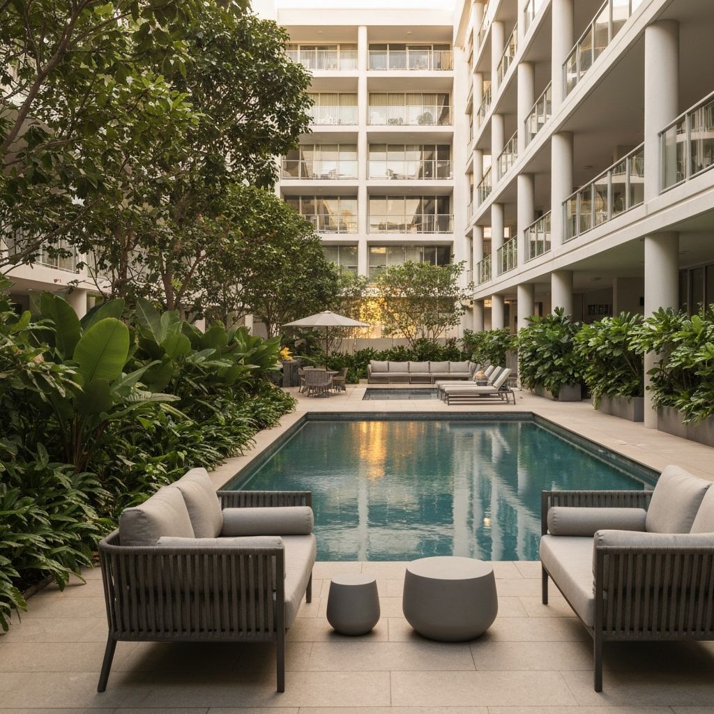 Westside Indooroopilly resort-style courtyard and pool area with tropical landscaping